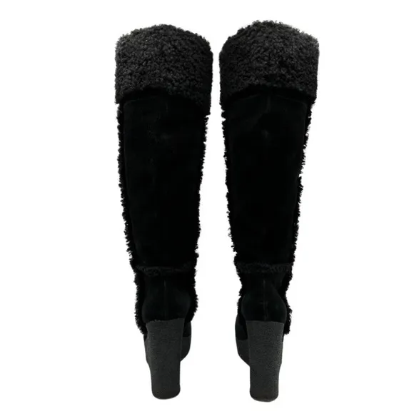 Michael‎ Kors Knee High Suede &amp; Shearling Wedge Cutout Heel Boots