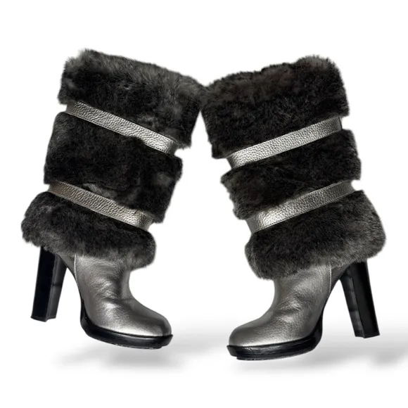 Michael Kors Silver Faux Fur Metallic Carlie Boots Size 6 Gunmetal