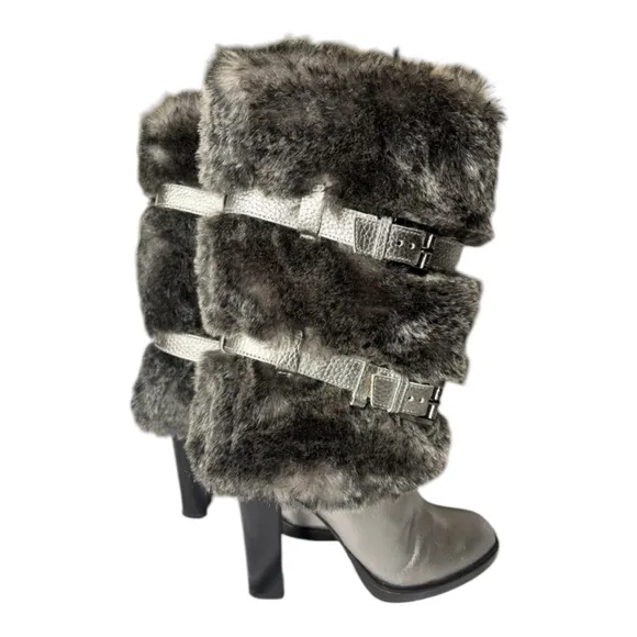 Michael Kors Silver Faux Fur Metallic Carlie Boots Size 6 Gunmetal