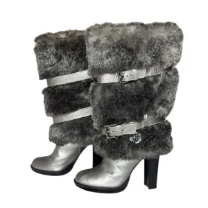 Michael Kors Silver Faux Fur Metallic Carlie Boots Size 6 Gunmetal