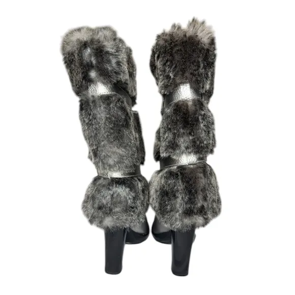 Michael Kors Silver Faux Fur Metallic Carlie Boots Size 6 Gunmetal