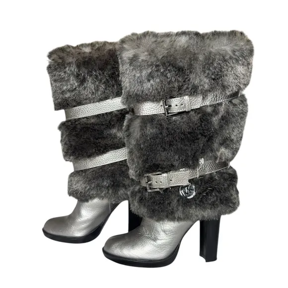 Michael Kors Silver Faux Fur Metallic Carlie Boots Size 6 Gunmetal