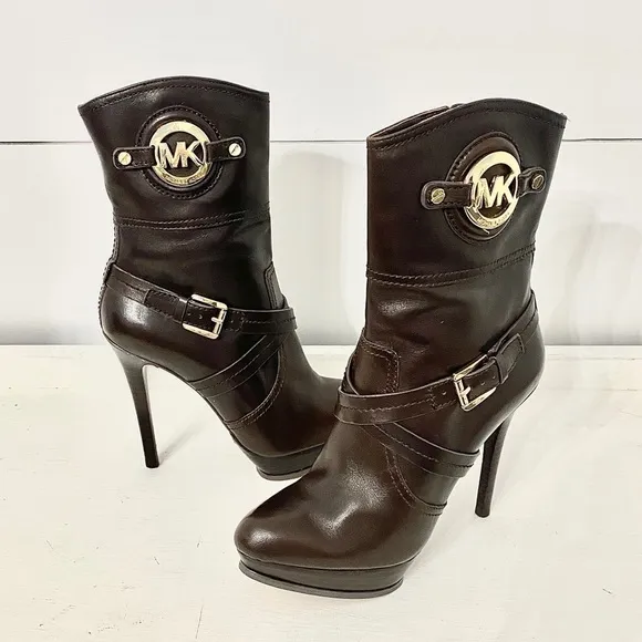 Michael Kors Stockard Platform Stiletto Brown Leather Ankle Booties, Size 7.5