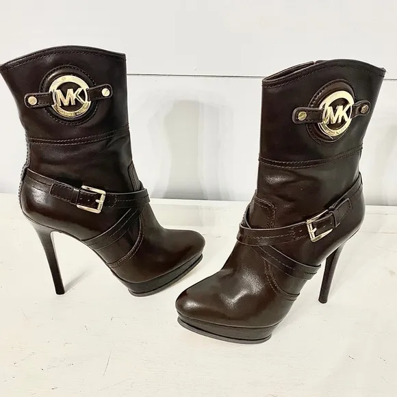 Michael Kors Stockard Platform Stiletto Brown Leather Ankle Booties, Size 7.5