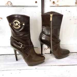 Michael Kors Stockard Platform Stiletto Brown Leather Ankle Booties, Size 7.5