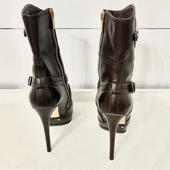 Michael Kors Stockard Platform Stiletto Brown Leather Ankle Booties, Size 7.5