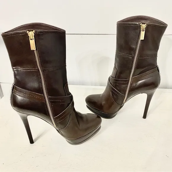Michael Kors Stockard Platform Stiletto Brown Leather Ankle Booties, Size 7.5