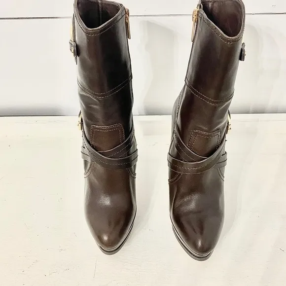 Michael Kors Stockard Platform Stiletto Brown Leather Ankle Booties, Size 7.5