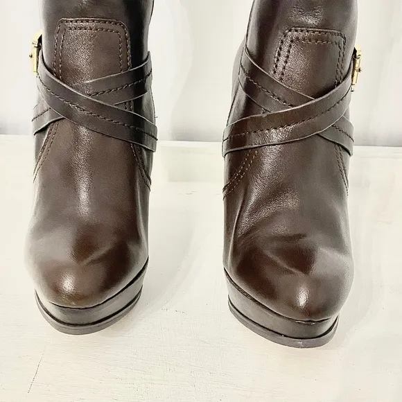 Michael Kors Stockard Platform Stiletto Brown Leather Ankle Booties, Size 7.5