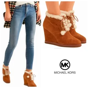 Michael Kors Tan Suede Ankle Lace-Up Boots In Dark Luggage Sz 7.5