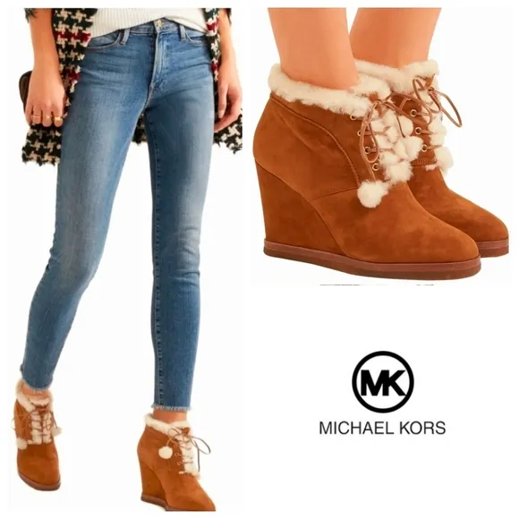 Michael Kors Tan Suede Ankle Lace-Up Boots In Dark Luggage Sz 7.5