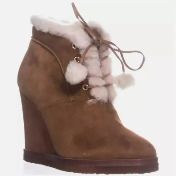 Michael Kors Tan Suede Ankle Lace-Up Boots In Dark Luggage Sz 7.5