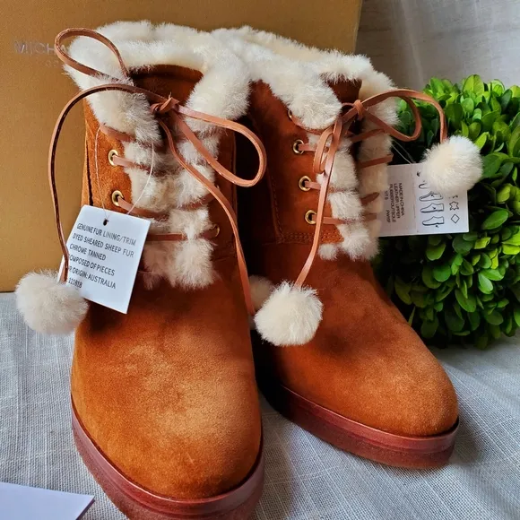 Michael Kors Tan Suede Ankle Lace-Up Boots In Dark Luggage Sz 7.5