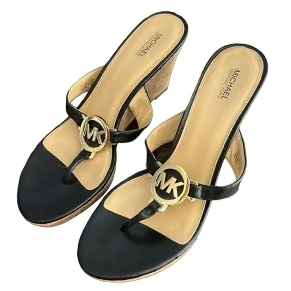 MICHAEL MICHAEL KORS Palm Beach Black Leather Patent Wedge Sandals