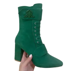Michaela V Marta Suede Pointed Toe Heeled Boots Green 37 EU