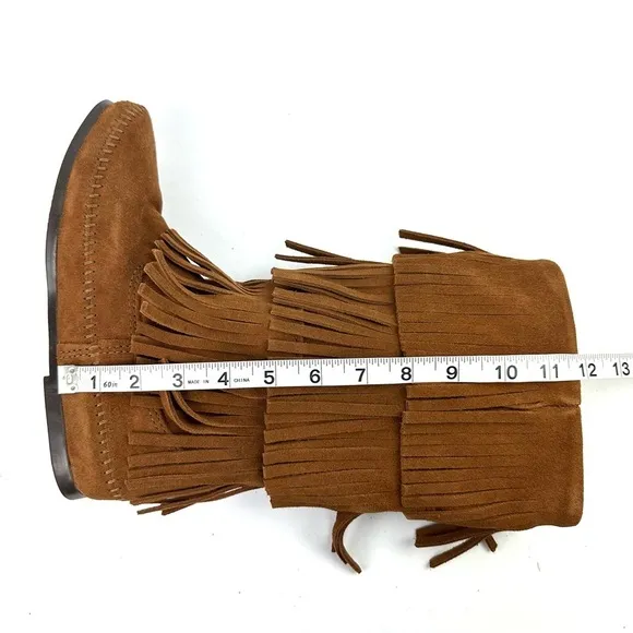 Minnetonka Boots 8 Fringe 3 Layer Brown Suede Moccasin Boho Southwestern NEW
