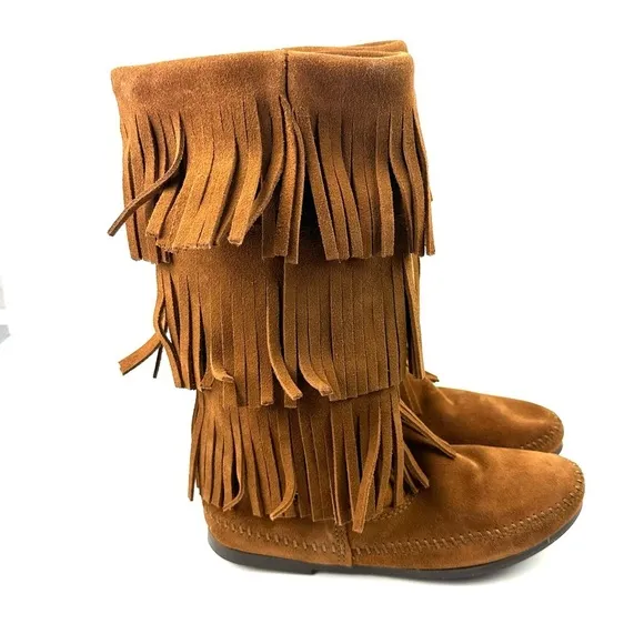Minnetonka Boots 8 Fringe 3 Layer Brown Suede Moccasin Boho Southwestern NEW