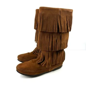Minnetonka Boots 8 Fringe 3 Layer Brown Suede Moccasin Boho Southwestern NEW