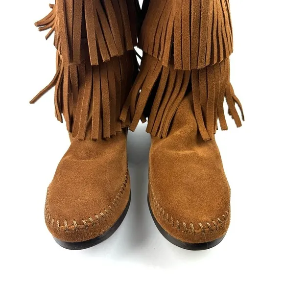 Minnetonka Boots 8 Fringe 3 Layer Brown Suede Moccasin Boho Southwestern NEW