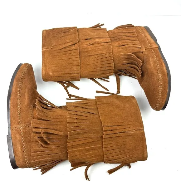Minnetonka Boots 8 Fringe 3 Layer Brown Suede Moccasin Boho Southwestern NEW