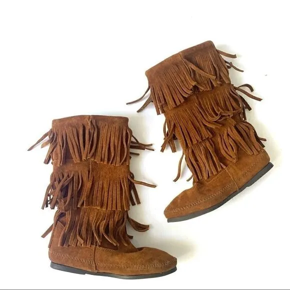 Minnetonka Brown Suede 3-Layer Fringe Boots