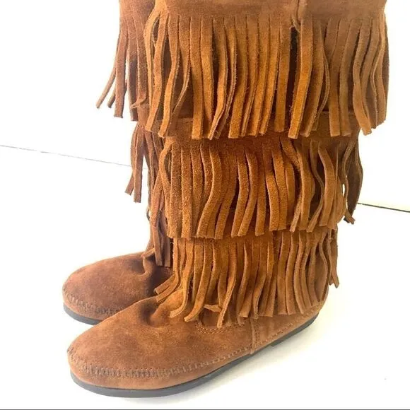Minnetonka Brown Suede 3-Layer Fringe Boots