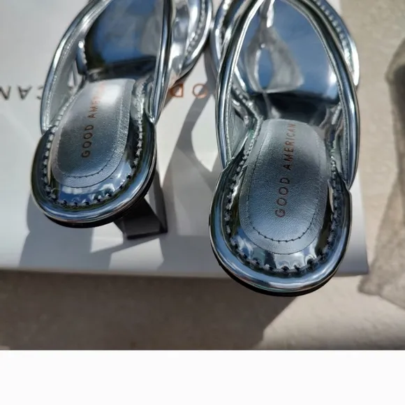 Mirrored Metallic Patent leather reflective wedge sandals By Good American