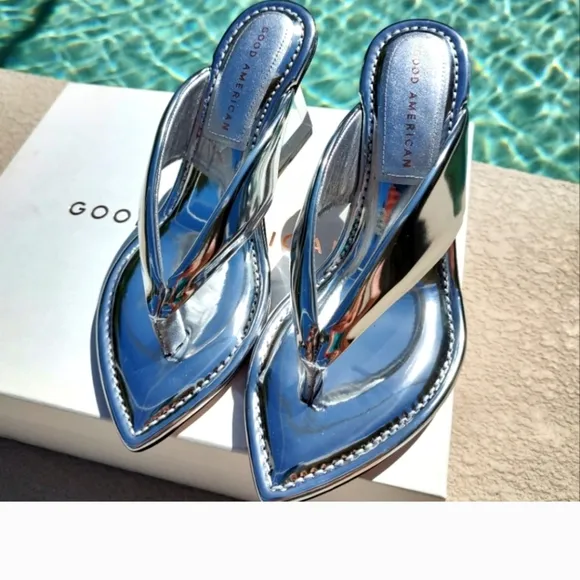 Mirrored Metallic Patent leather reflective wedge sandals By Good American