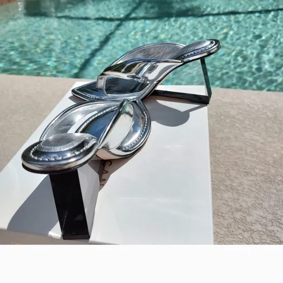 Mirrored Metallic Patent leather reflective wedge sandals By Good American