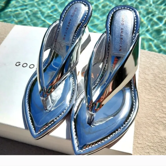 Mirrored Metallic Patent leather reflective wedge sandals By Good American