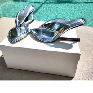 Mirrored Metallic Patent leather reflective wedge sandals By Good American