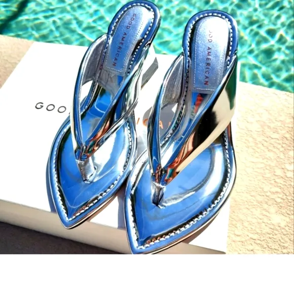 Mirrored Metallic Patent leather reflective wedge sandals By Good American