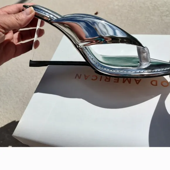 Mirrored Metallic Patent leather reflective wedge sandals By Good American
