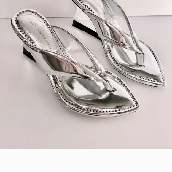 Mirrored Metallic Patent leather reflective wedge sandals By Good American