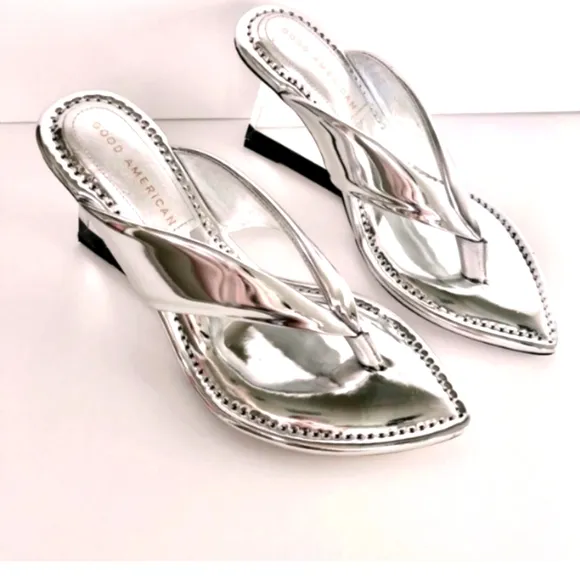 Mirrored Metallic Patent leather reflective wedge sandals By Good American