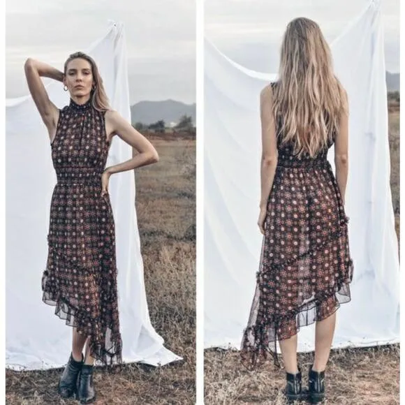MISA Los Angeles Shalom Asymmetrical Tiered Tank High Neck Dress Small Onyx