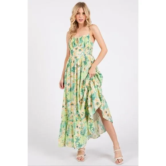Mittoshop Floral Pattern Smocked Back Ruffled Hem Maxi Cami Dress | Apple Green
