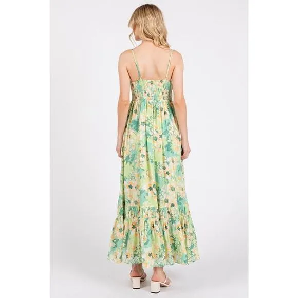 Mittoshop Floral Pattern Smocked Back Ruffled Hem Maxi Cami Dress | Apple Green