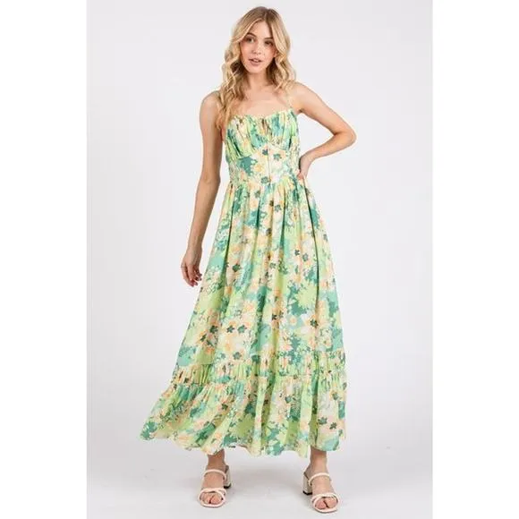 Mittoshop Floral Pattern Smocked Back Ruffled Hem Maxi Cami Dress | Apple Green