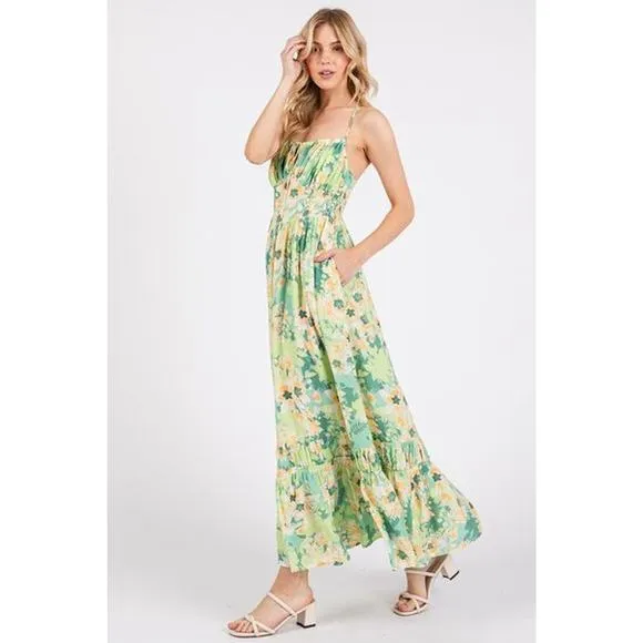 Mittoshop Floral Pattern Smocked Back Ruffled Hem Maxi Cami Dress | Apple Green
