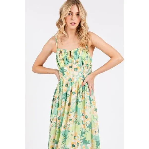 Mittoshop Floral Pattern Smocked Back Ruffled Hem Maxi Cami Dress | Apple Green