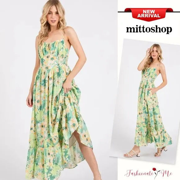 Mittoshop Floral Pattern Smocked Back Ruffled Hem Maxi Cami Dress | Apple Green