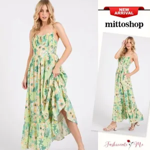 Mittoshop Floral Pattern Smocked Back Ruffled Hem Maxi Cami Dress | Apple Green