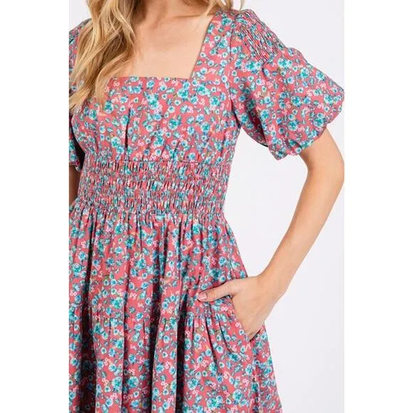 Mittoshop Smocked Floral Pattern Square Neck Puff Sleeves Midi Dress | Rose Pink