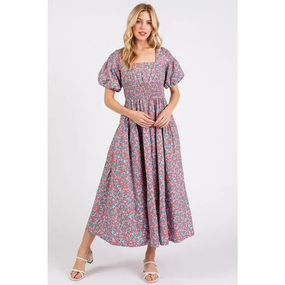 Mittoshop Smocked Floral Pattern Square Neck Puff Sleeves Midi Dress | Rose Pink