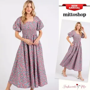 Mittoshop Smocked Floral Pattern Square Neck Puff Sleeves Midi Dress | Rose Pink