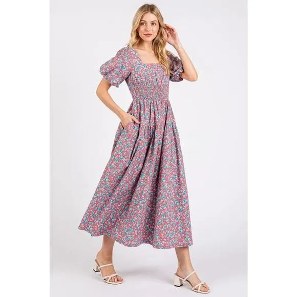 Mittoshop Smocked Floral Pattern Square Neck Puff Sleeves Midi Dress | Rose Pink
