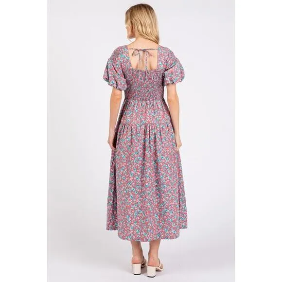 Mittoshop Smocked Floral Pattern Square Neck Puff Sleeves Midi Dress | Rose Pink