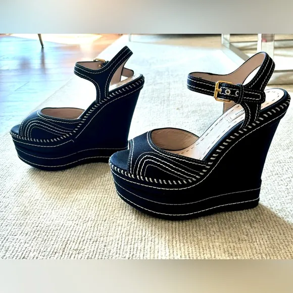 MIU MIU Navy Blue Wedge Sandals with Strap