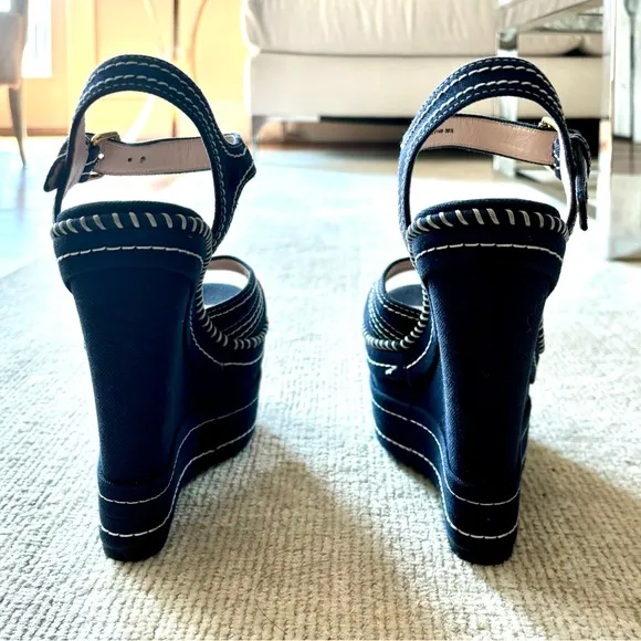 MIU MIU Navy Blue Wedge Sandals with Strap